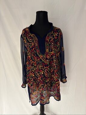 Navy Floral Embroidered Sheer Tunic Top